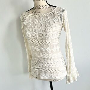 Áreve Sheer Lace Trumpet Sleeve Ivory Tie Back Blouse Boho Style size medium Y2K